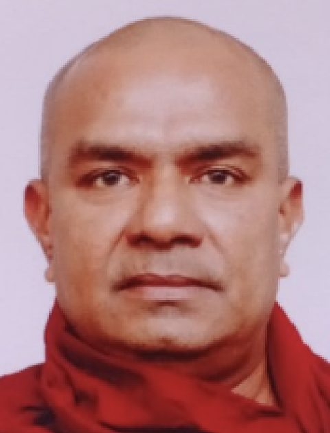 Portrait of Ven. Maharagama Mahinda Thero in maroon robes